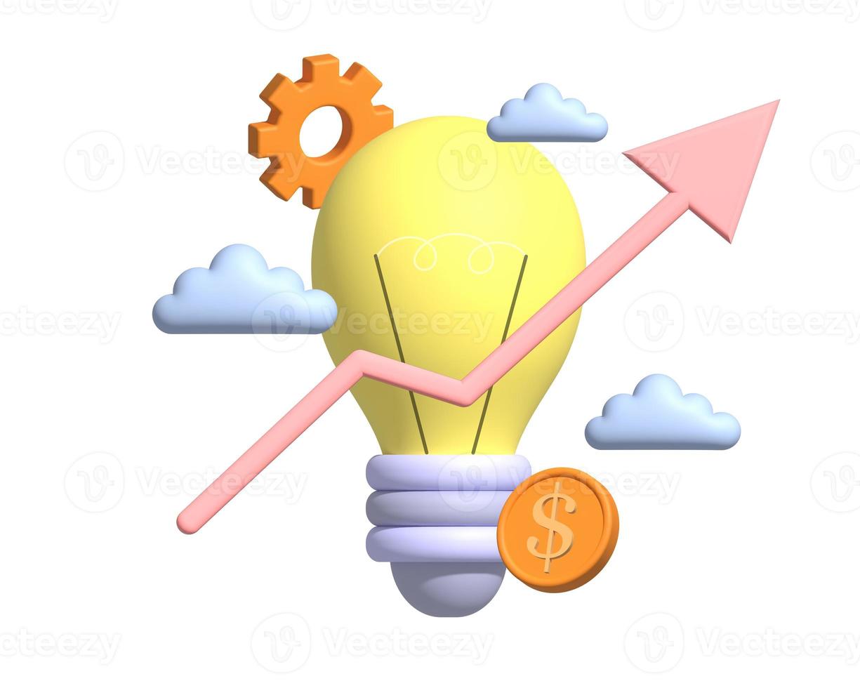 The yellow light bulbs and the growth arrow of the graph are floating in the clouds, a coin. 3d render photo