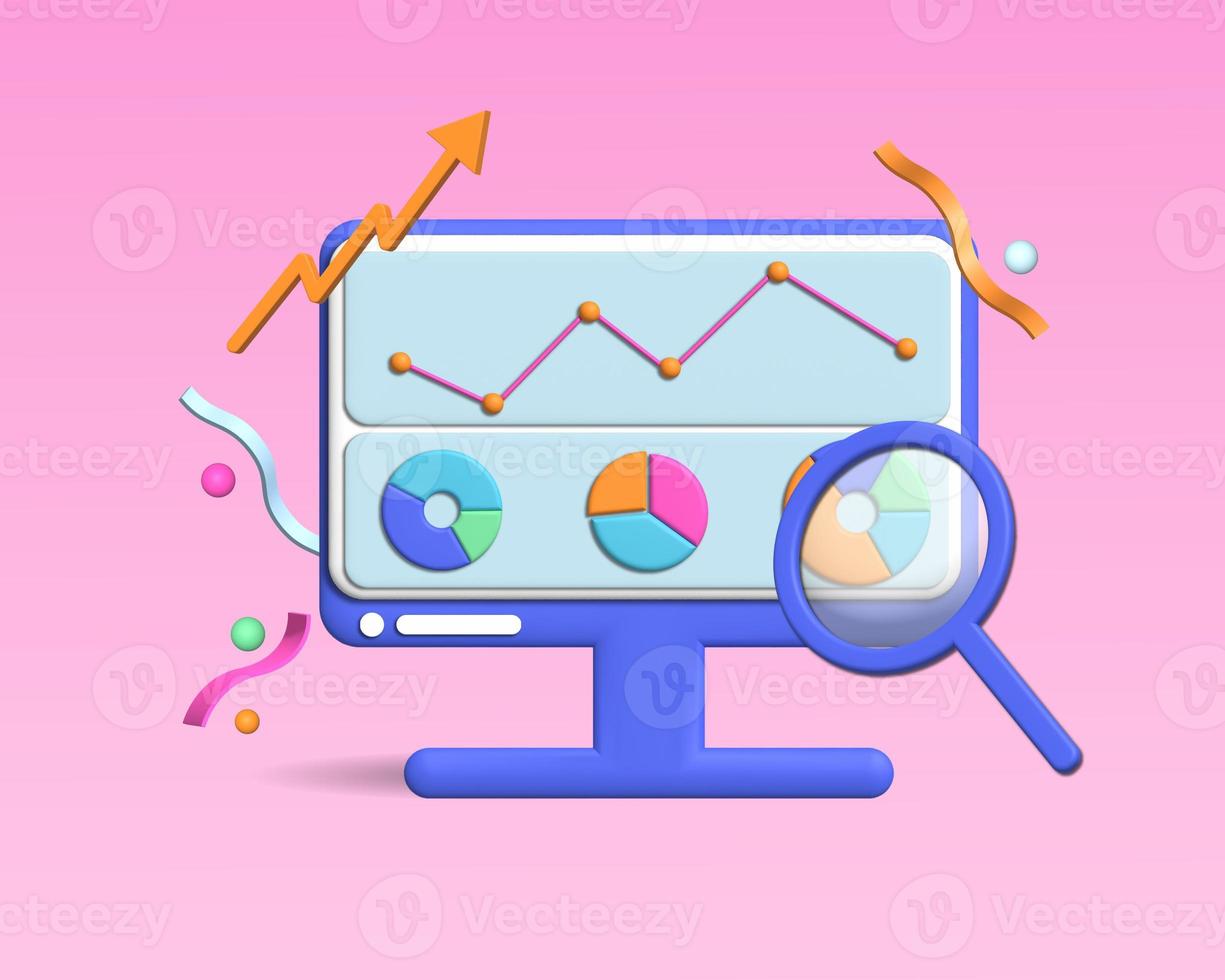 3D rendering of the workplace. The topic is financial technologies, SEO concept and web analytics. The graph of the fall photo