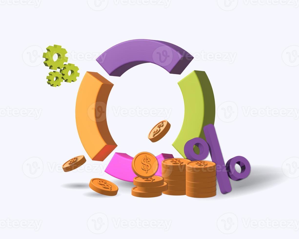 Round chart and stacks of coins. 3d render photo