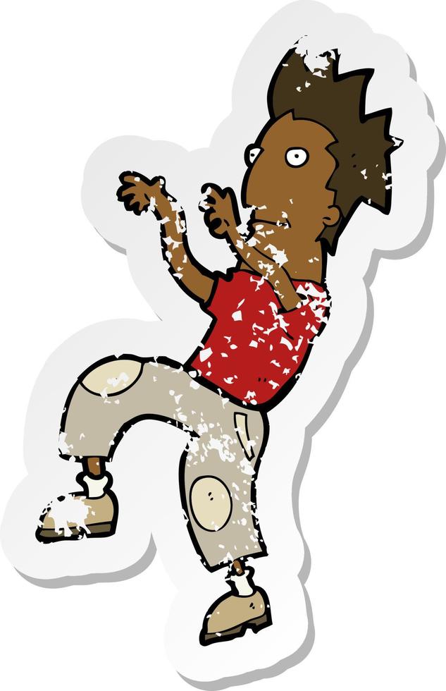 retro distressed sticker of a cartoon happy man doing funny dance vector