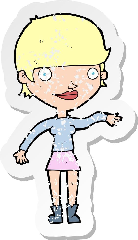 retro distressed sticker of a cartoon happy woman vector