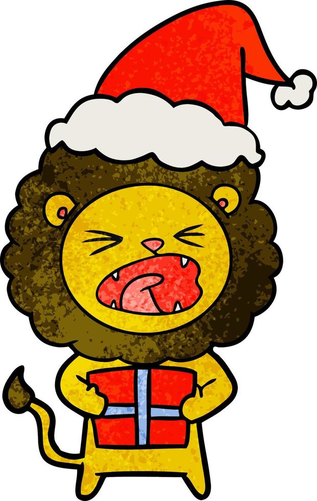 textured cartoon of a lion with christmas present wearing santa hat vector