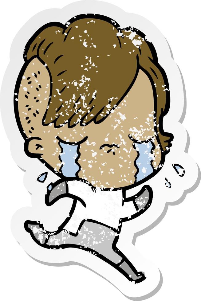 distressed sticker of a cartoon crying girl wearing space clothes vector