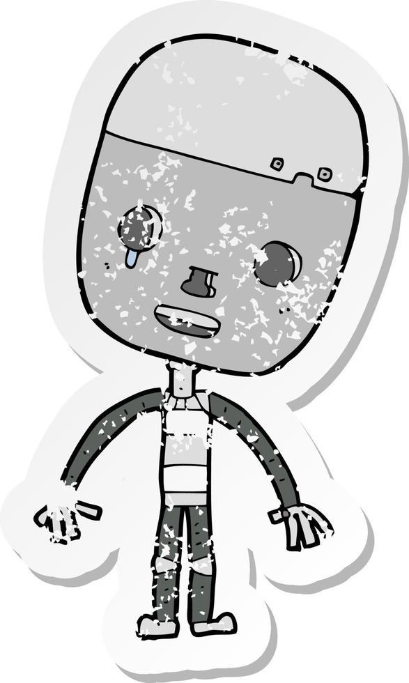 retro distressed sticker of a cartoon sad robot vector