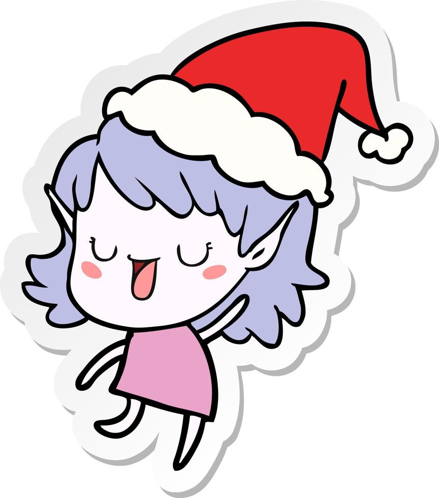 pegatina, caricatura, de, un, duende, niña, llevando, santa sombrero vector