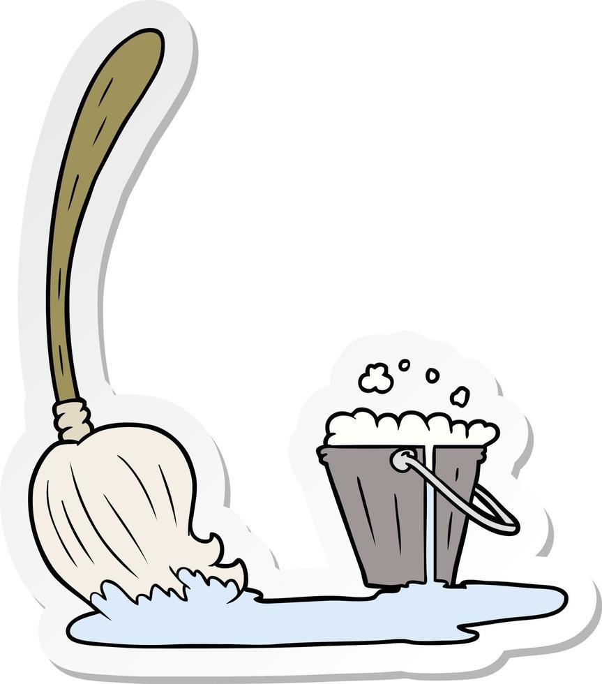 sticker of a cartoon mop and bucket vector