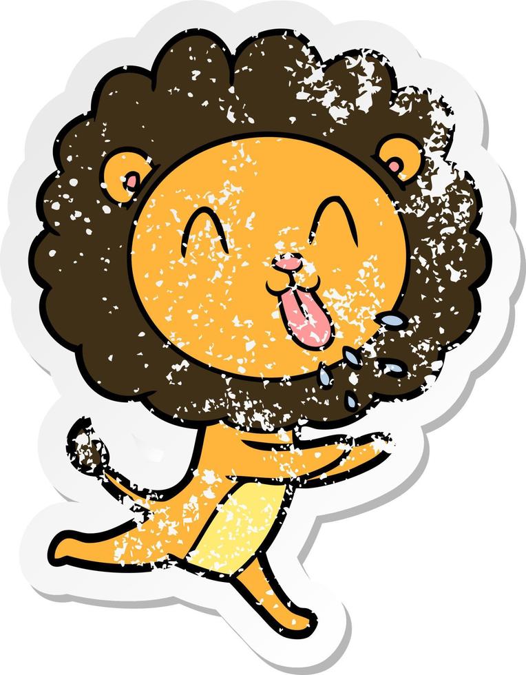 distressed sticker of a happy cartoon lion vector