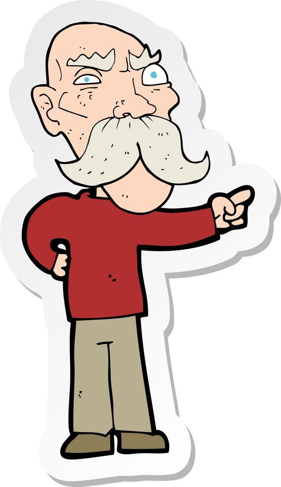 sticker of a cartoon annoyed old man pointing vector