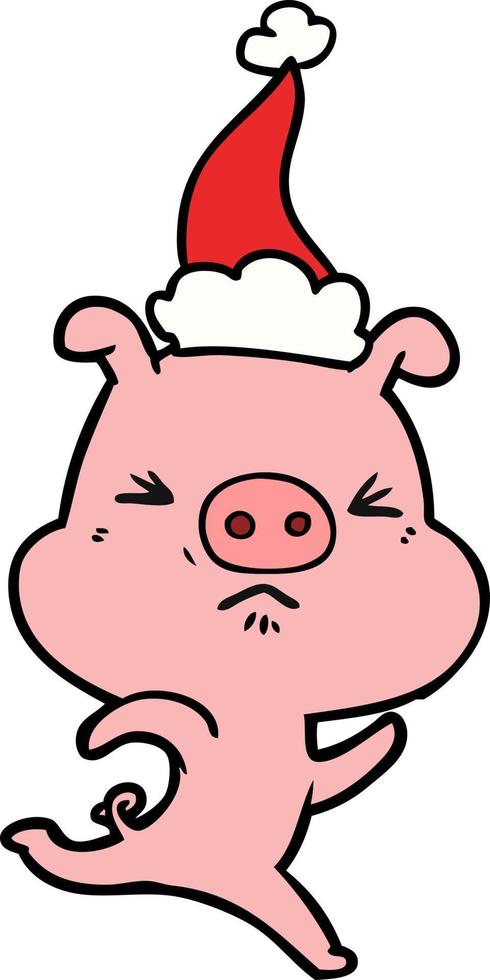 line drawing of a annoyed pig running wearing santa hat vector