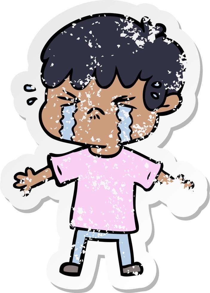 distressed sticker of a cartoon boy crying vector