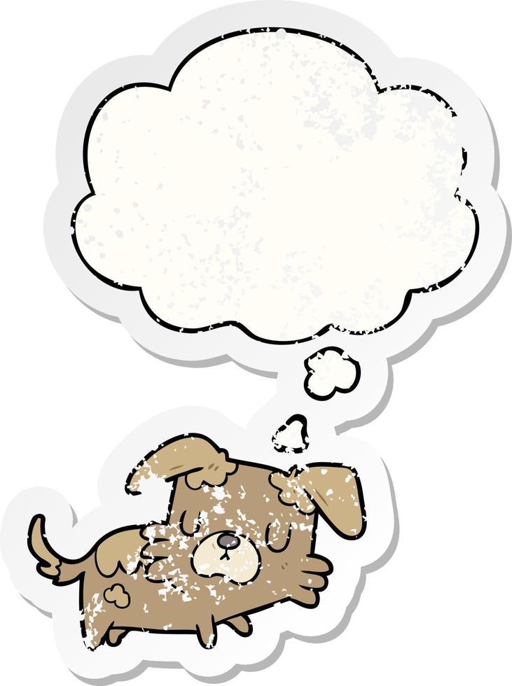 cartoon dog and thought bubble as a distressed worn sticker vector