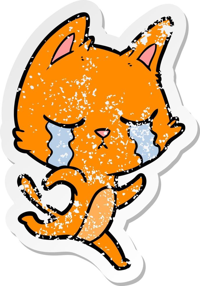 distressed sticker of a crying cartoon cat vector