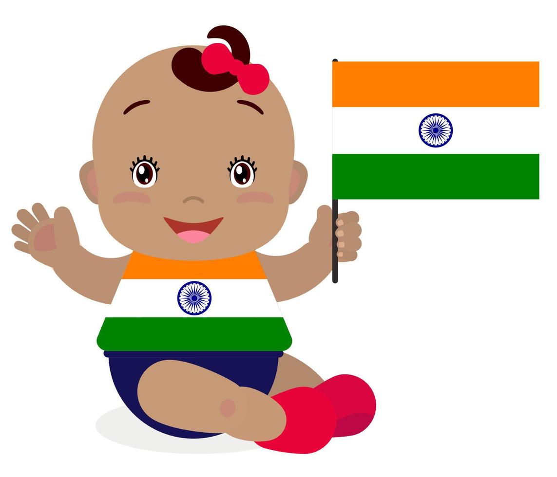 Smiling baby toddler, girl holding a India flag isolated on white background. Vector cartoon mascot. Holiday illustration to the Day of the country, Independence Day, Flag Day.