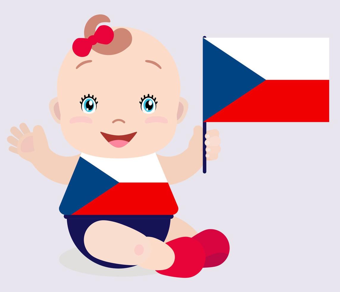 Smiling baby toddler, girl holding a Czech flag isolated on white background. Vector cartoon mascot. Holiday illustration to the Day of the country, Independence Day, Flag Day.