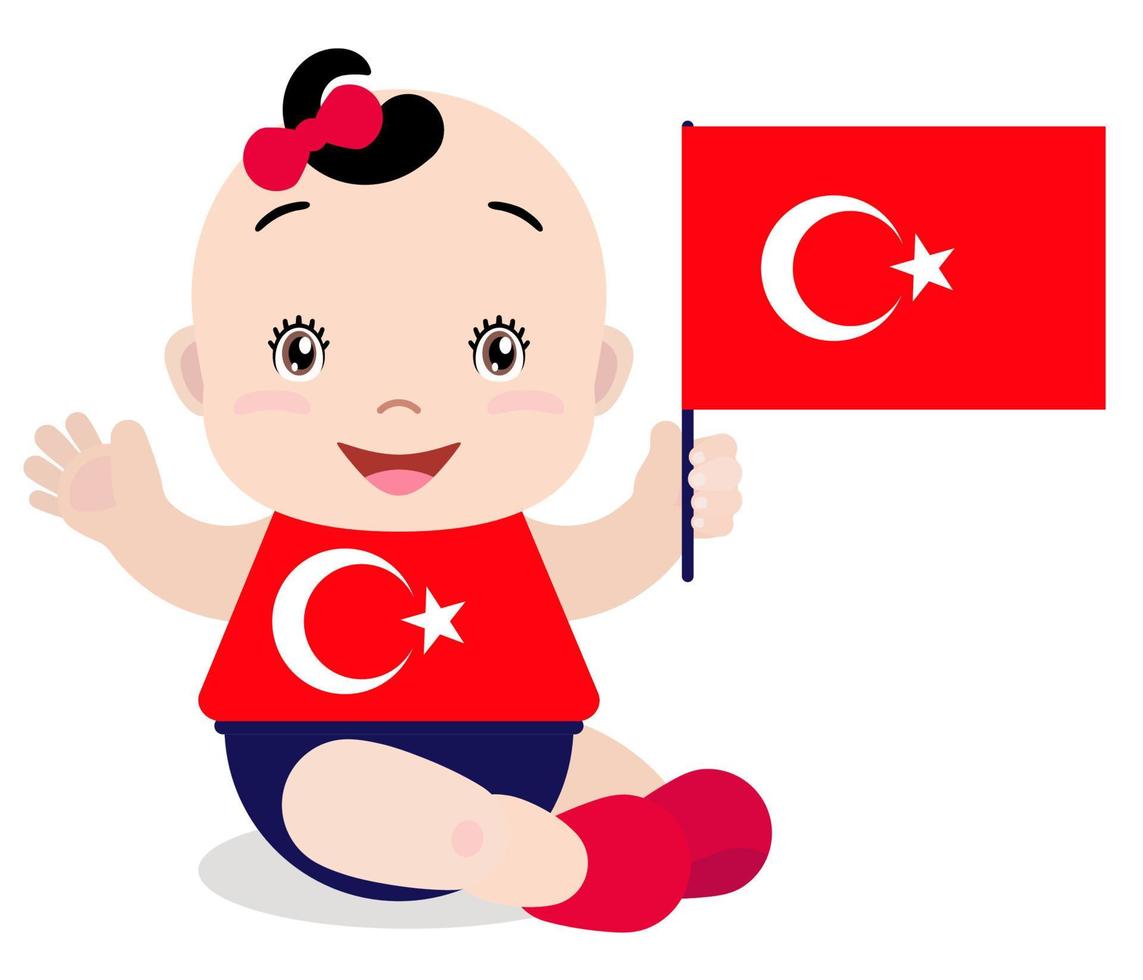 bebé sonriente niño pequeño, niña sosteniendo una bandera de Turquía aislada sobre fondo blanco. mascota de dibujos animados vectoriales. ilustración de vacaciones al día del país, día de la independencia, día de la bandera. vector