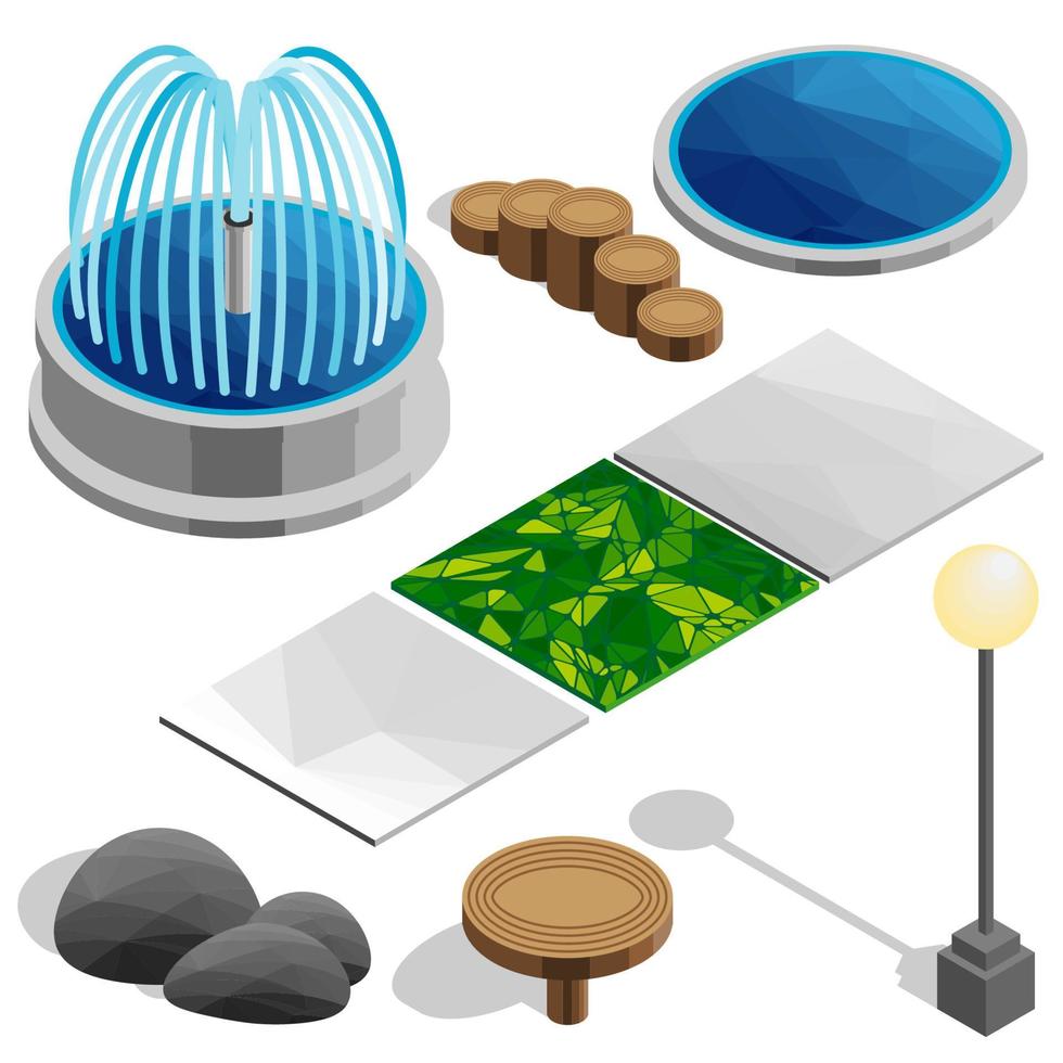 Isometric vector elements for the park, city, country house. Fountain, pool, lamp, table, stones, game, tile, grass. Vector landscape design icons for game, map, print. Isolated on white background.