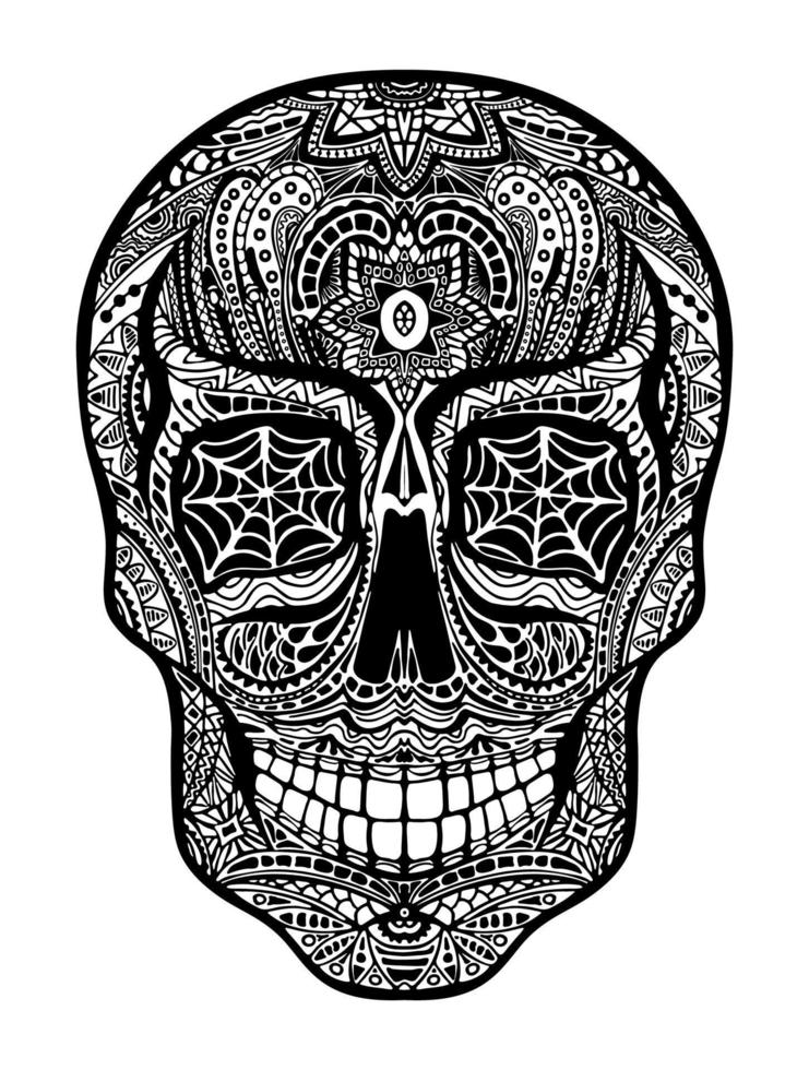 cráneo tatuado, ilustración vectorial en blanco y negro sobre fondo blanco, símbolo del día de los muertos. vector