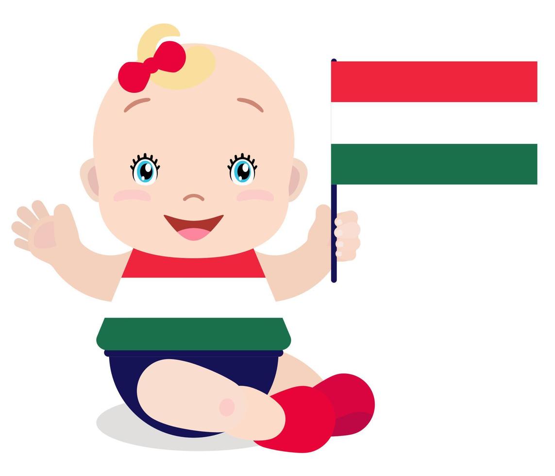 Smiling baby toddler, girl holding a Hungary flag isolated on white background. Vector cartoon mascot. Holiday illustration to the Day of the country, Independence Day, Flag Day.