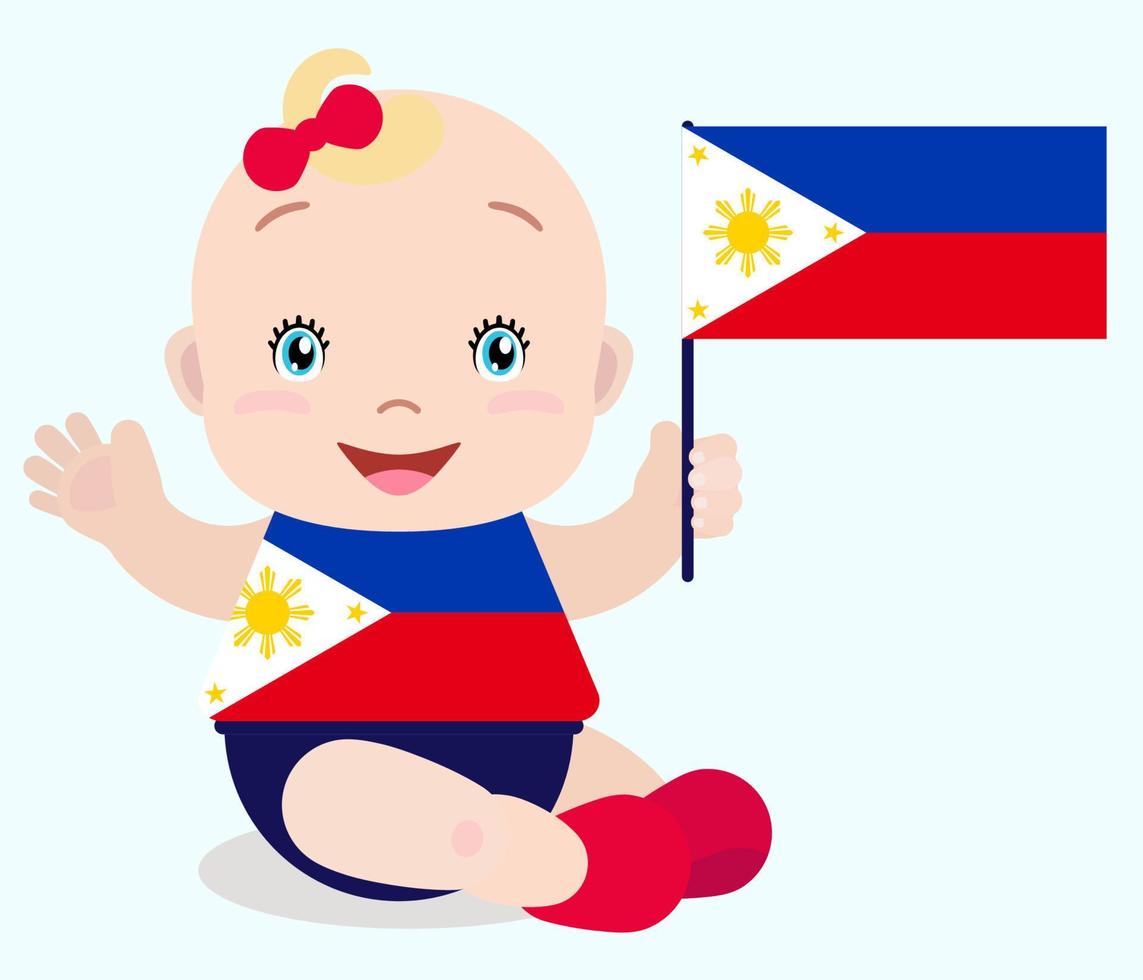 Smiling baby toddler, girl holding a Philippines flag isolated on white background. Vector cartoon mascot. Holiday illustration to the Day of the country, Independence Day, Flag Day.