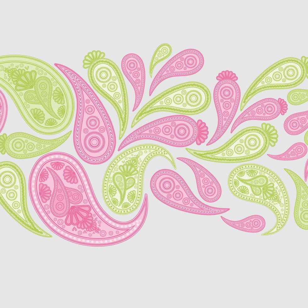 Paisley pink and green vector background,  floral abstract design pattern, indian art ornament.