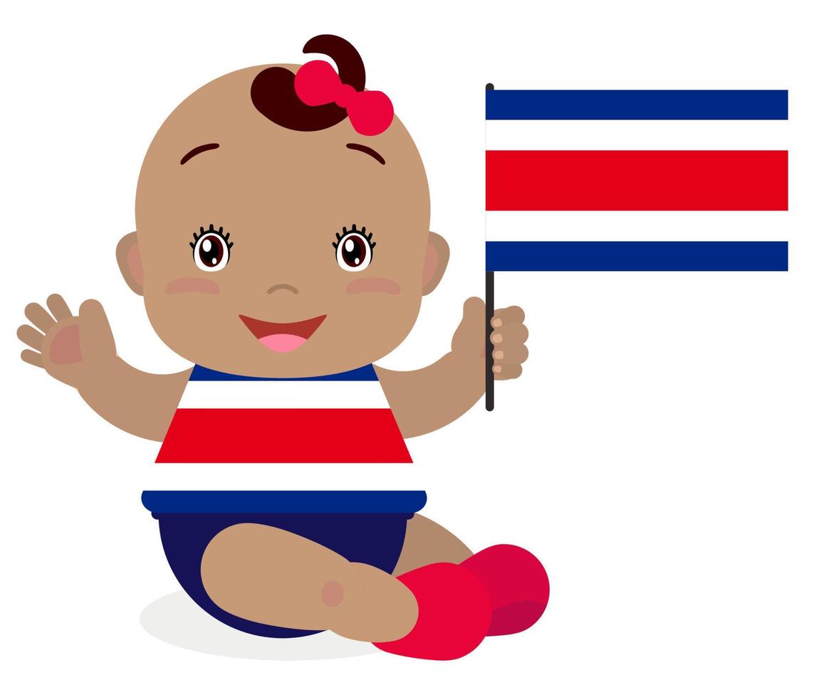 bebé sonriente niño pequeño, niña sosteniendo una bandera de costa rica aislada sobre fondo blanco. mascota de dibujos animados vectoriales. ilustración de vacaciones al día del país, día de la independencia, día de la bandera. vector