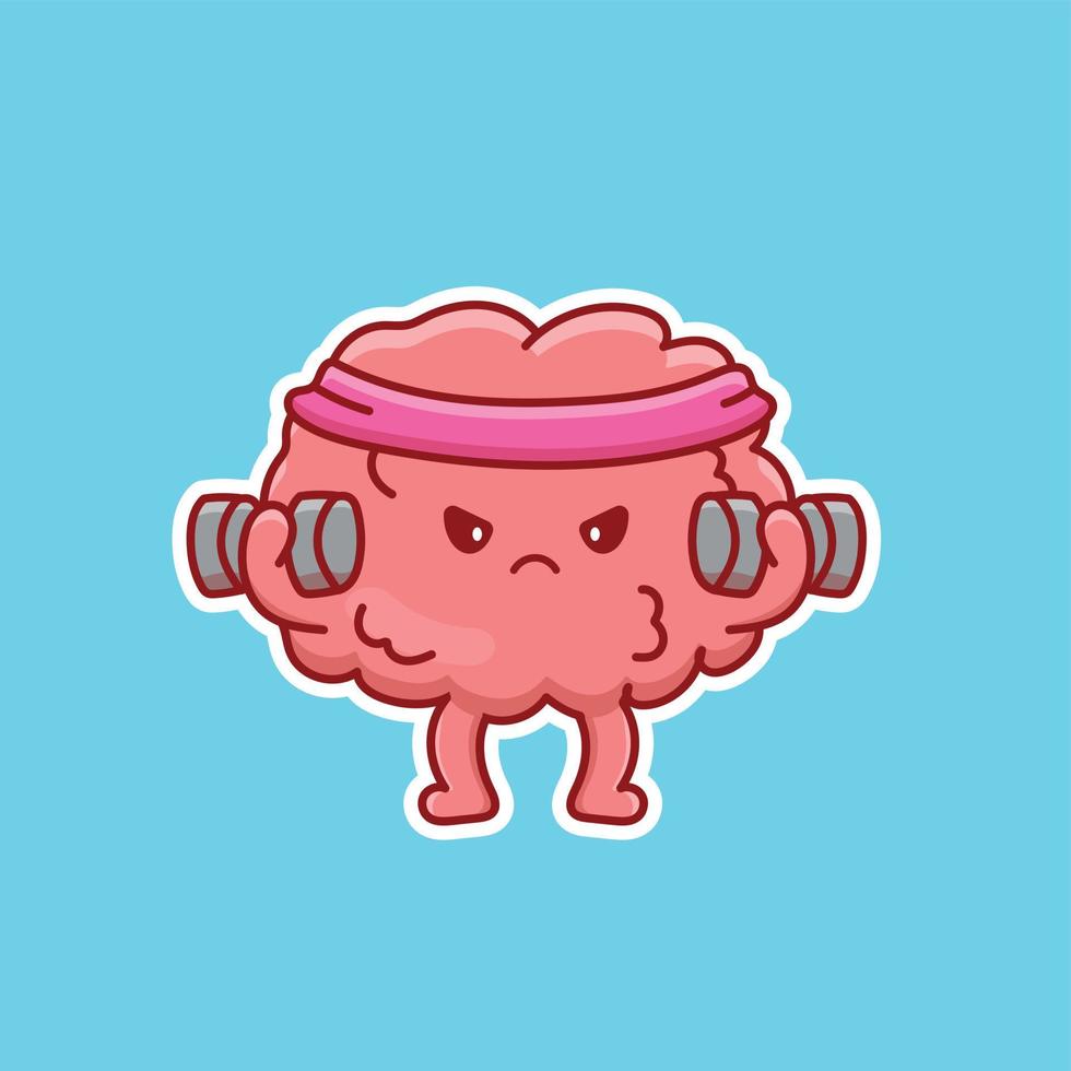 Cute cartoon brain with dumbbells in vector illustration