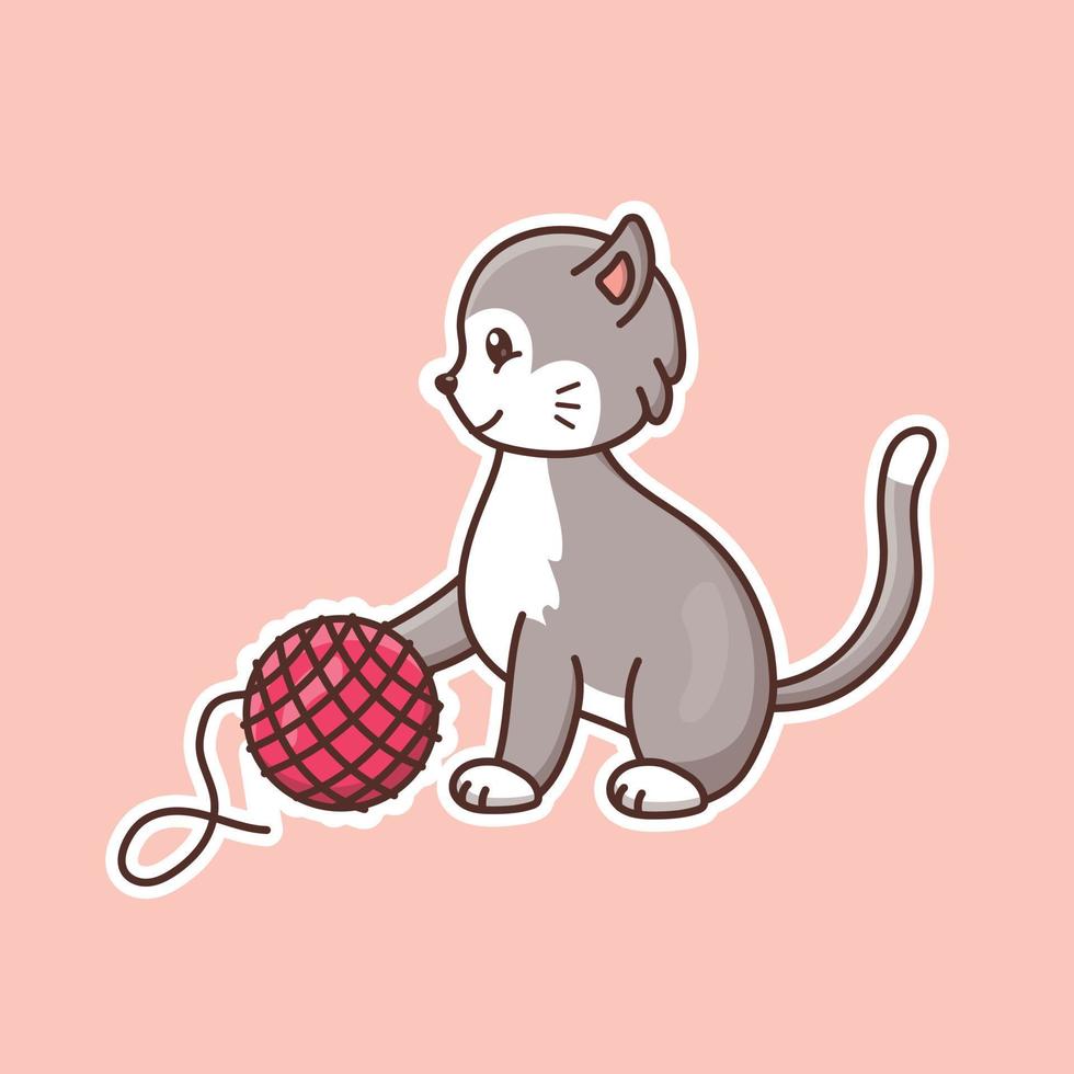 Cute cartoon cat with a ball of thread in a vector illustration