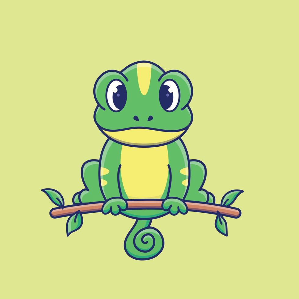 Cute cartoon chameleon on a branch in vector illustration