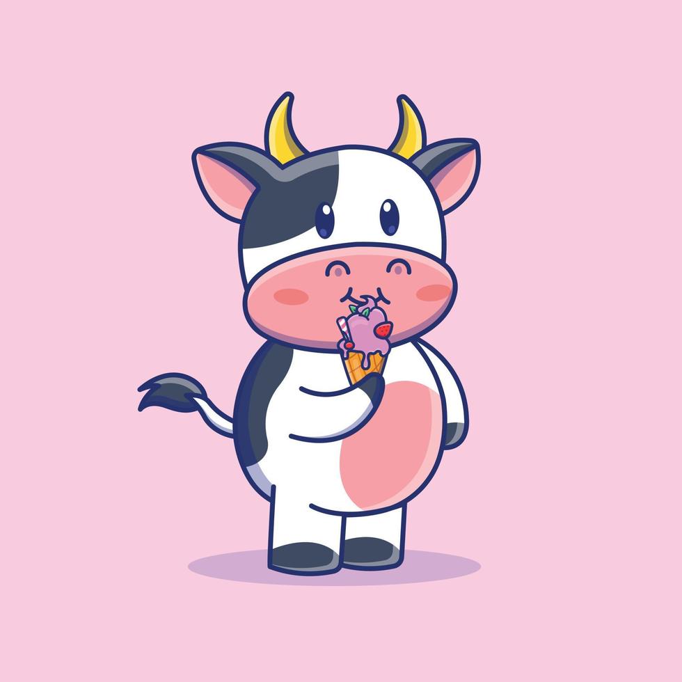 Cute cartoon cow with ice cream in vector illustration