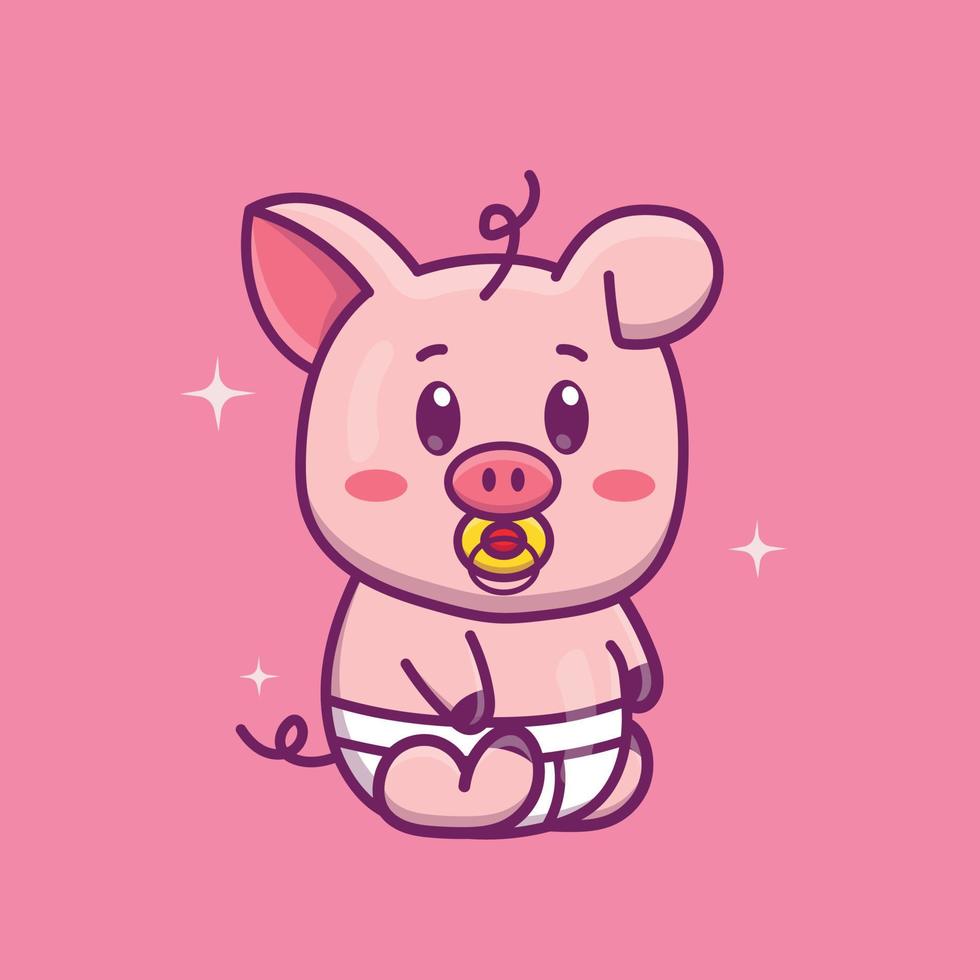 Cute cartoon pig baby in diaper in vector illustration