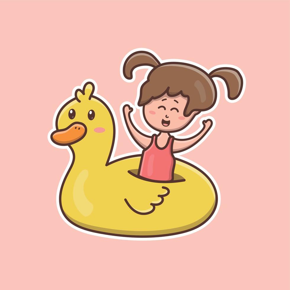 Linda chica de dibujos animados en un globo de natación en ilustración vectorial vector