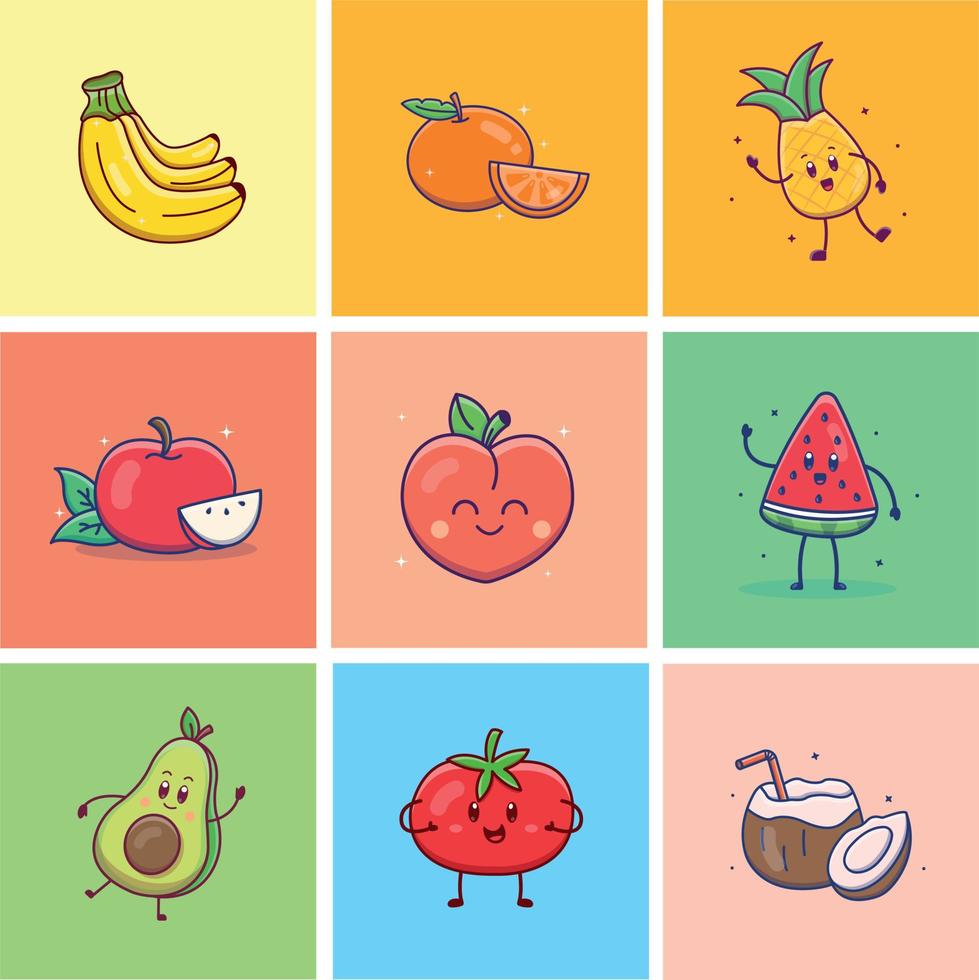 conjunto de dibujos animados lindo de frutas y verduras en vector 10556177  Vector en Vecteezy