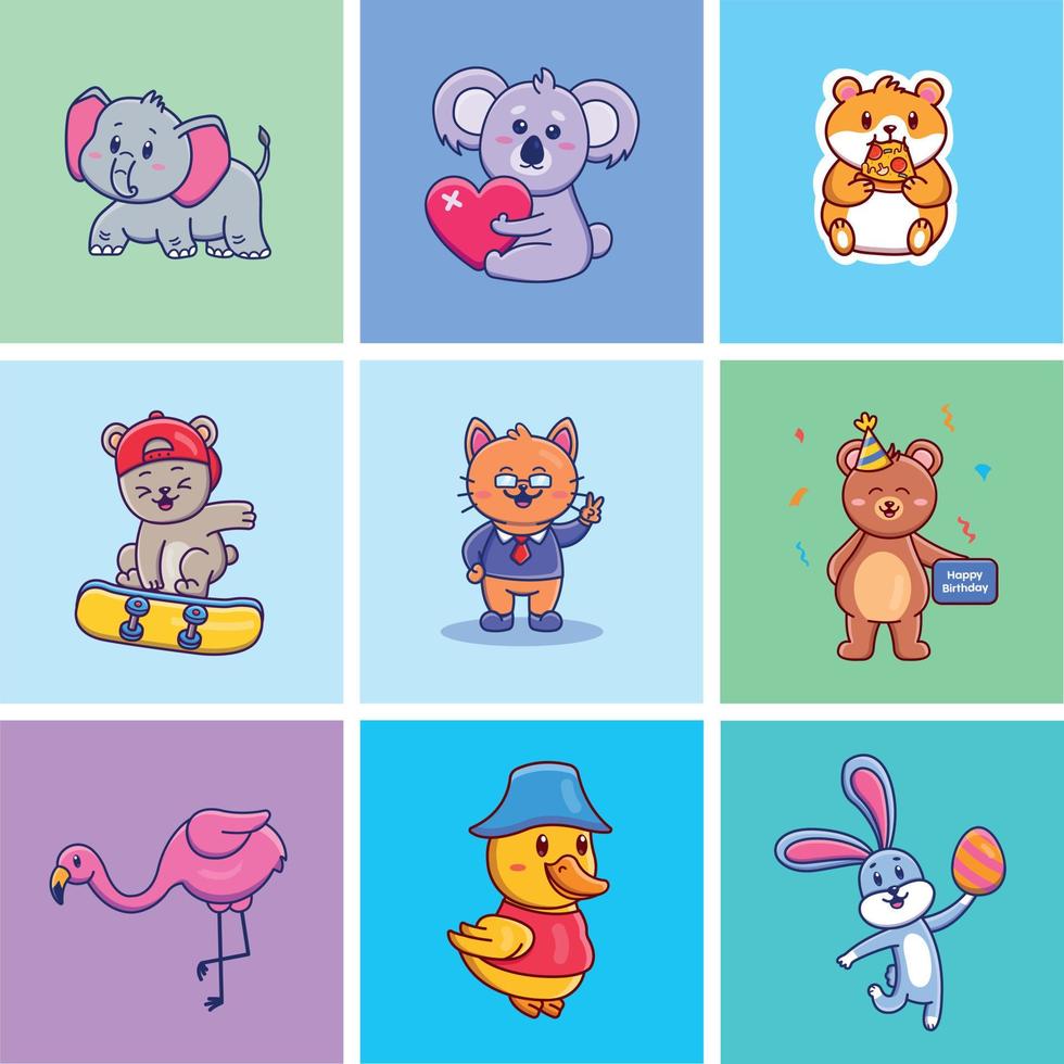 Cute cartoon set of animals illustrations vector