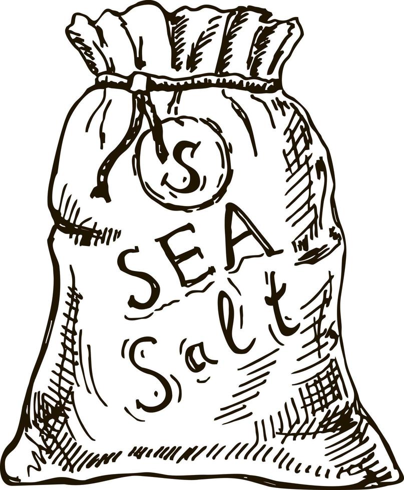 Salt a bag of salt, sea salt. Kitchen salt baking or cooking spice ingredient sketch vector