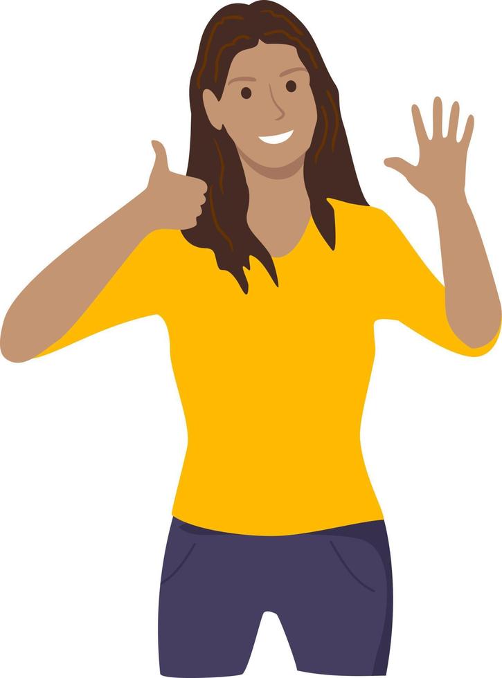 Greeting gesture. Smily girl in casual clothes makes a greeting gesture. Character wave their hand vector