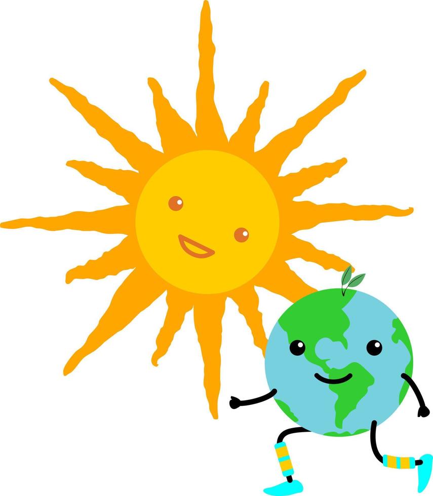linda tierra y el sol brillando sobre ella. ilustración para el día de la tierra o eventos ambientales que muestran la tierra y el sol felices al estilo de kawaii vector
