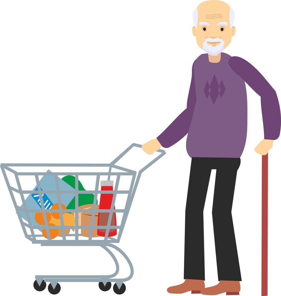 flat old man with a shopping trolley full of groceries vector