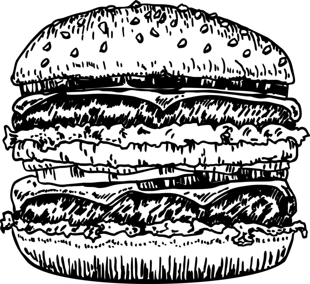 hamburguesa grande, dibujo a mano de hamburguesa dibujo vectorial estilo retro. ilustración de hamburguesa dibujada a mano vector