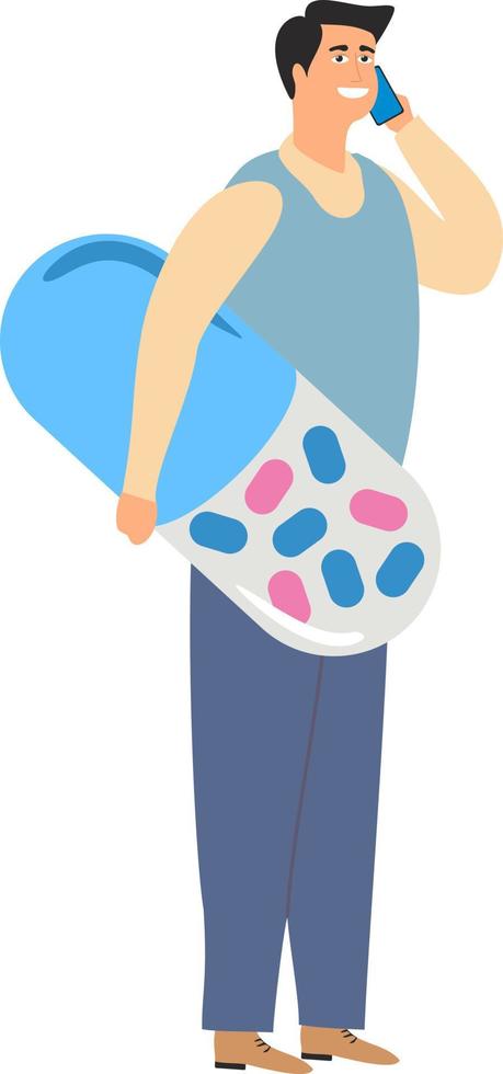 personaje de hombre sosteniendo tabletas y pastillas vector