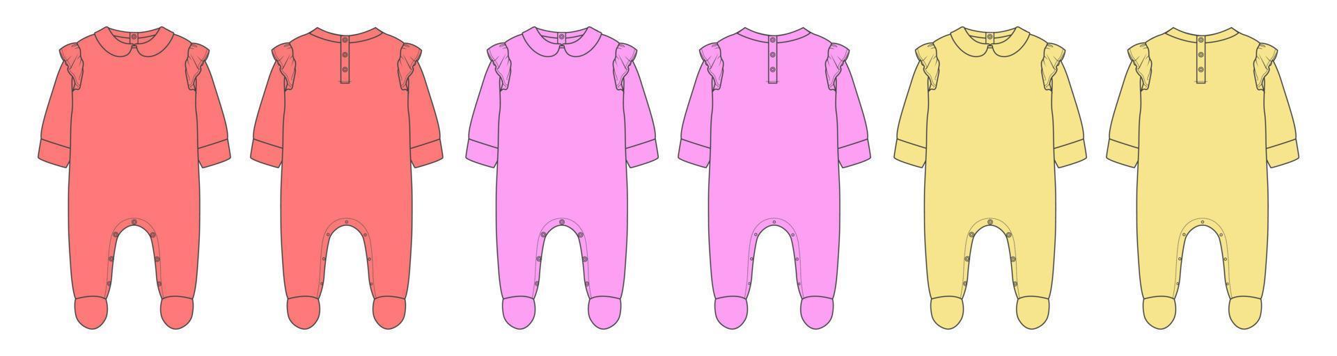 Baby bodysuit Romper Technical Fashion Flat sketch vector illustration template Front And back view.