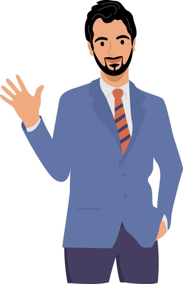 businessman waving hello. Greeting gesture. Guy, man waving hand saying hi vector