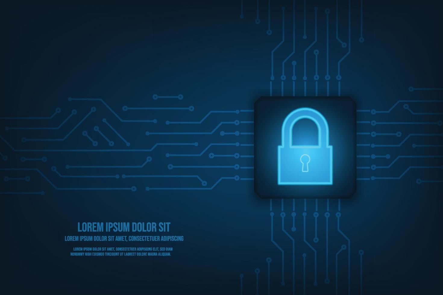 Vector futuristic microchip CPU circuit board blue light security concept. Technology abstract background.