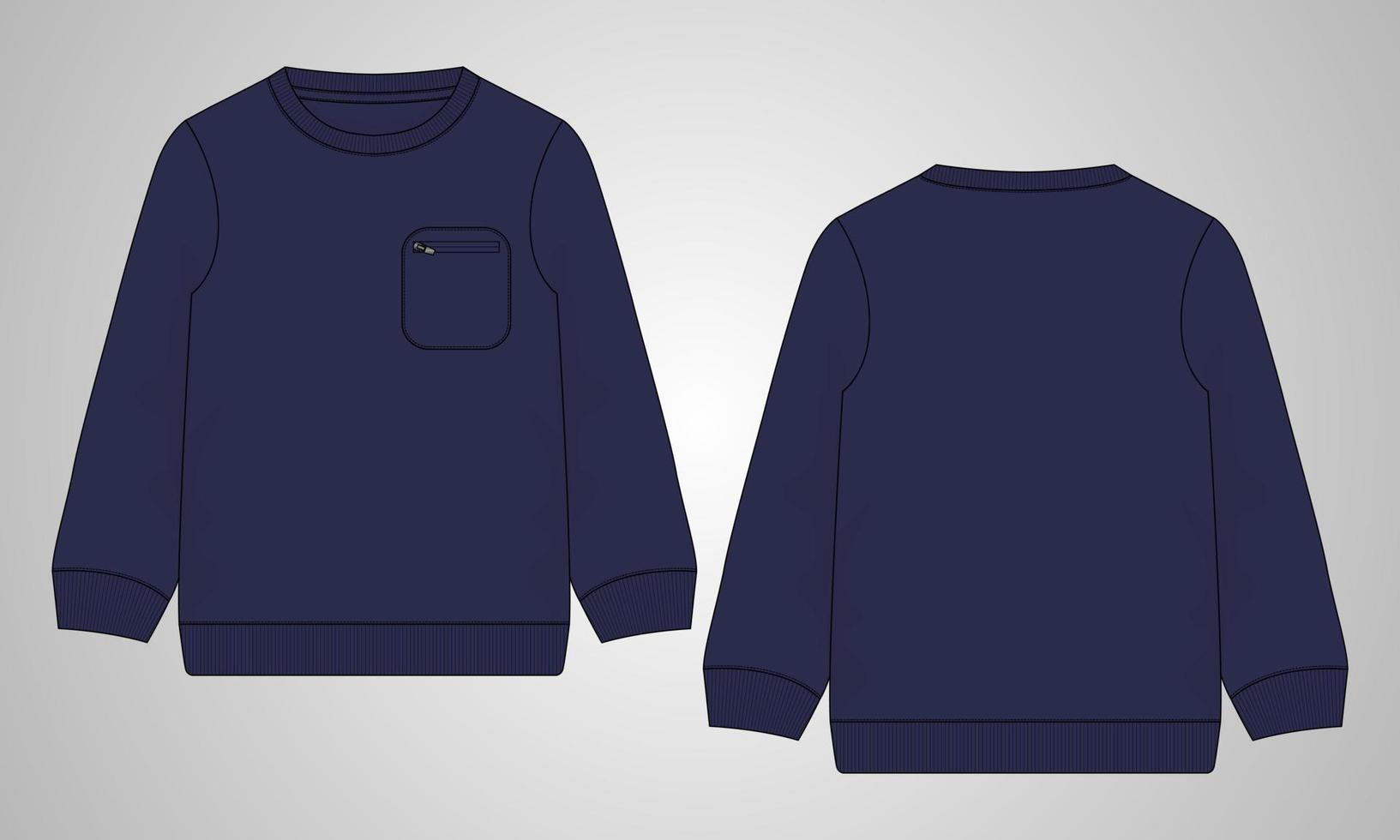 Long sleeve with pocket sweatshirt overall technical fashion flat sketch vector illustration navy Color template