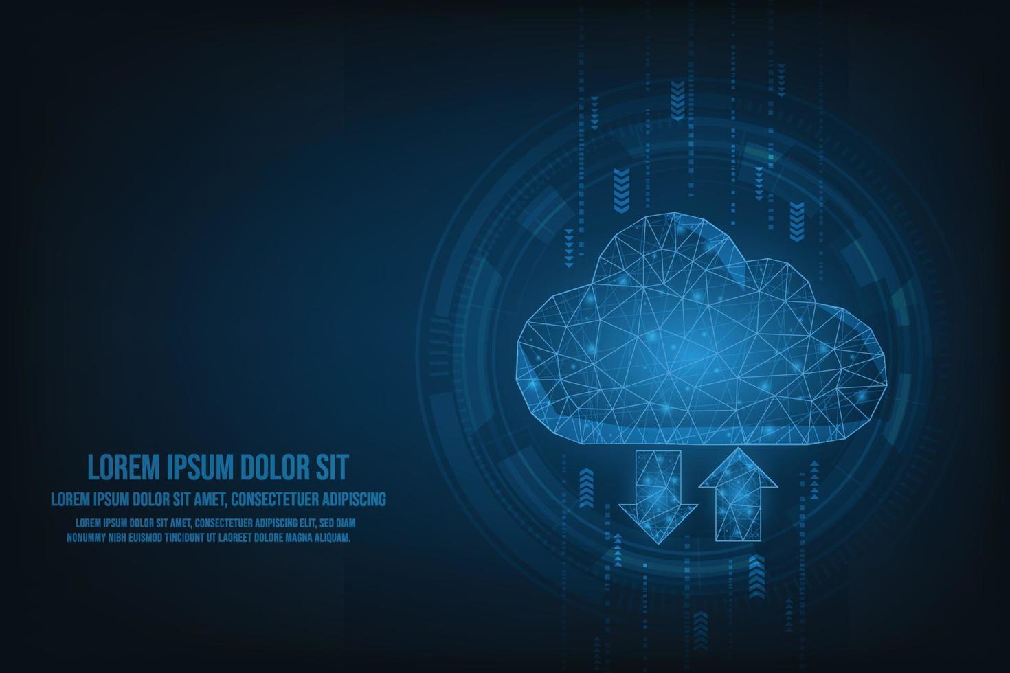 Vector data cloud online network from lines. Abstract technology storage sign with two arrows up and down on blue background.