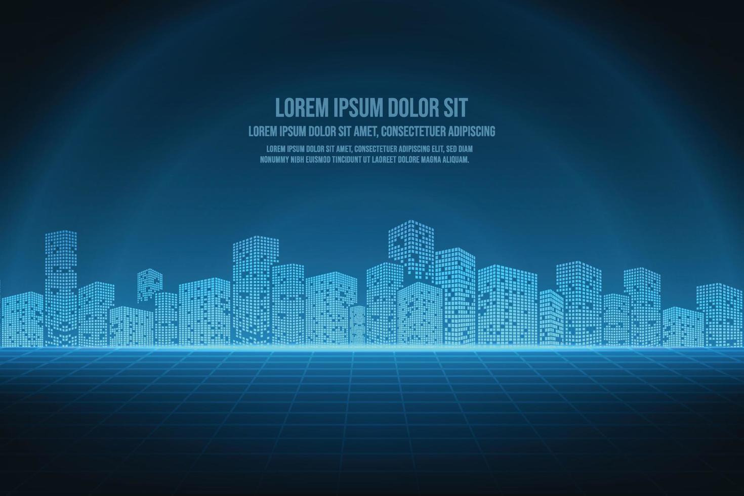 Vector night cityscape with neon lights. Network and communication in a digital abstract cyber city technology.