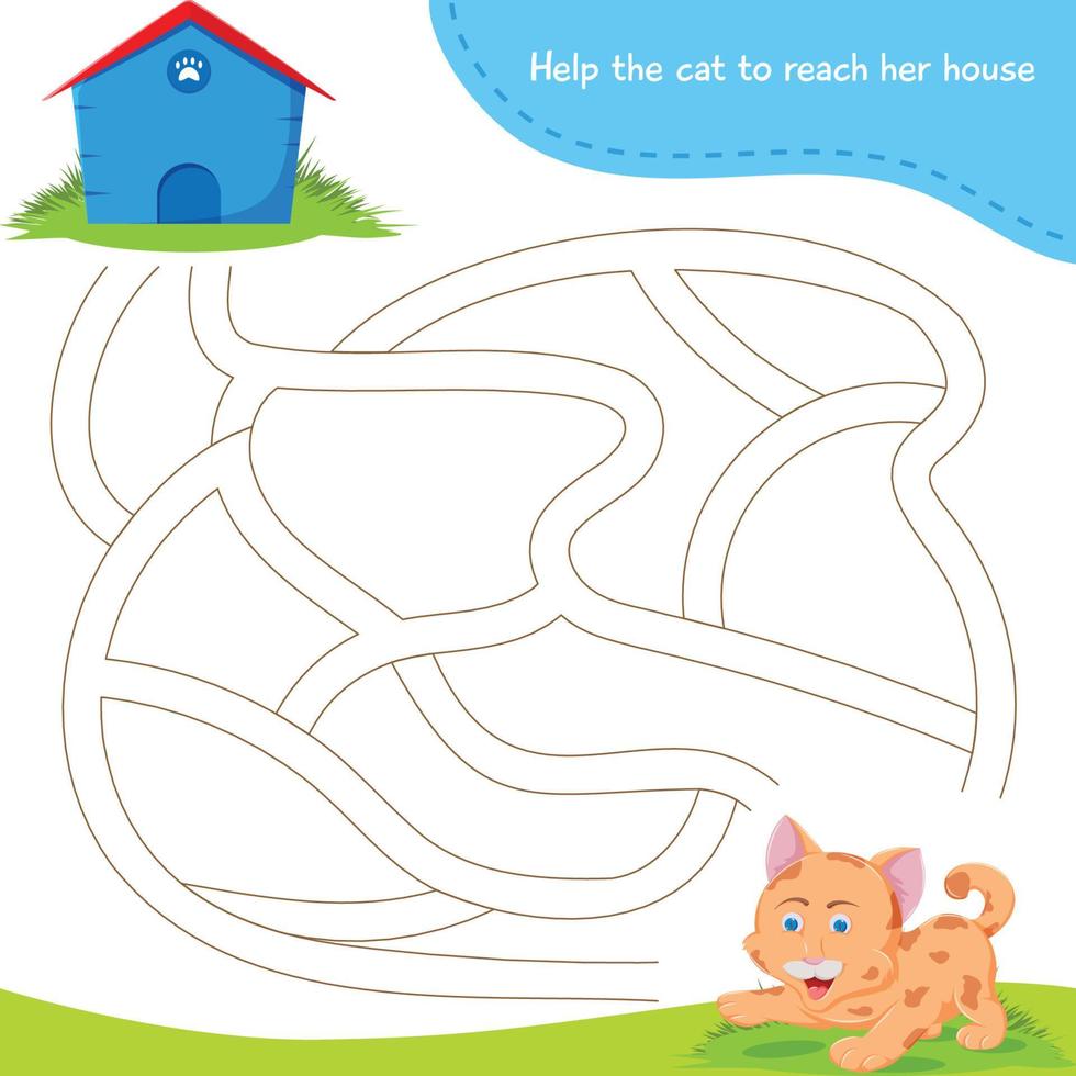 A Maze. Educational game for children. Help the Cat to reach her house. Children funny riddle entertainment for the logical thinking and development. vector