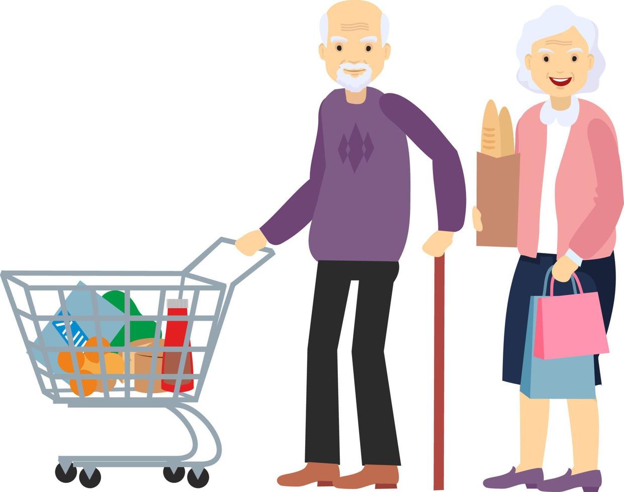 Couple old senior man, woman at the store with purchases. vector