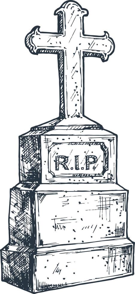 antigua lápida de piedra de mármol con cruz cristiana. boceto símbolo de jesús, muerte, cementerio, cristianismo, religión, fe y resurrección. para servicio funerario, tarjeta o última tarjeta de despedida vector