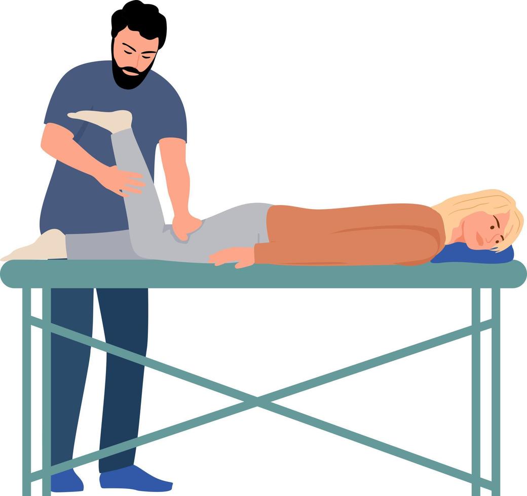 Physiotherapy rehabilitation assistance vector illustration.  Patient lying on massage table therapist doing healing treatment massaging injured foot manual physical therapy rehabilitation concept