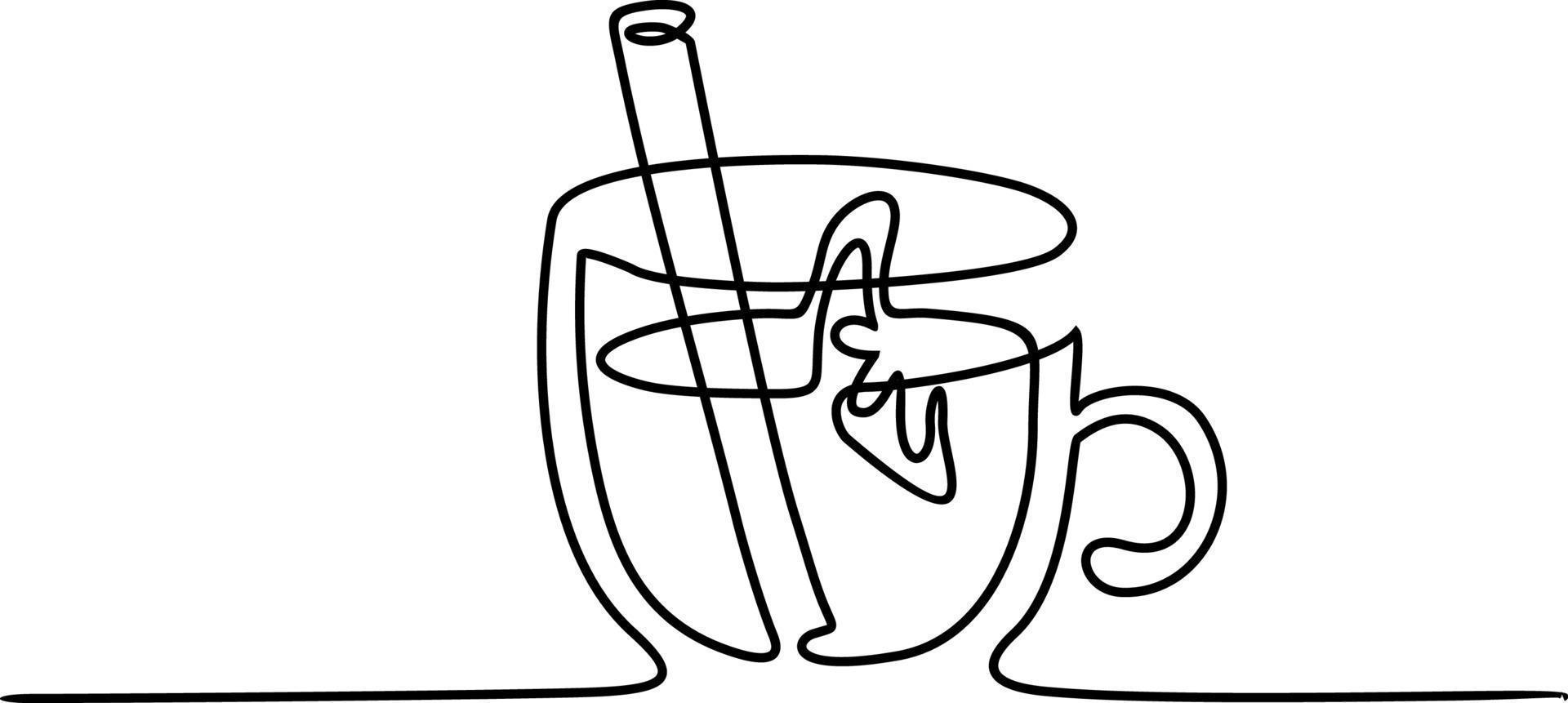 Hot drinks menu one line vector banner, background with mulled wine doodle. Single line art illustration with  Hot drinks. Mulled wine, grog, hot cider.